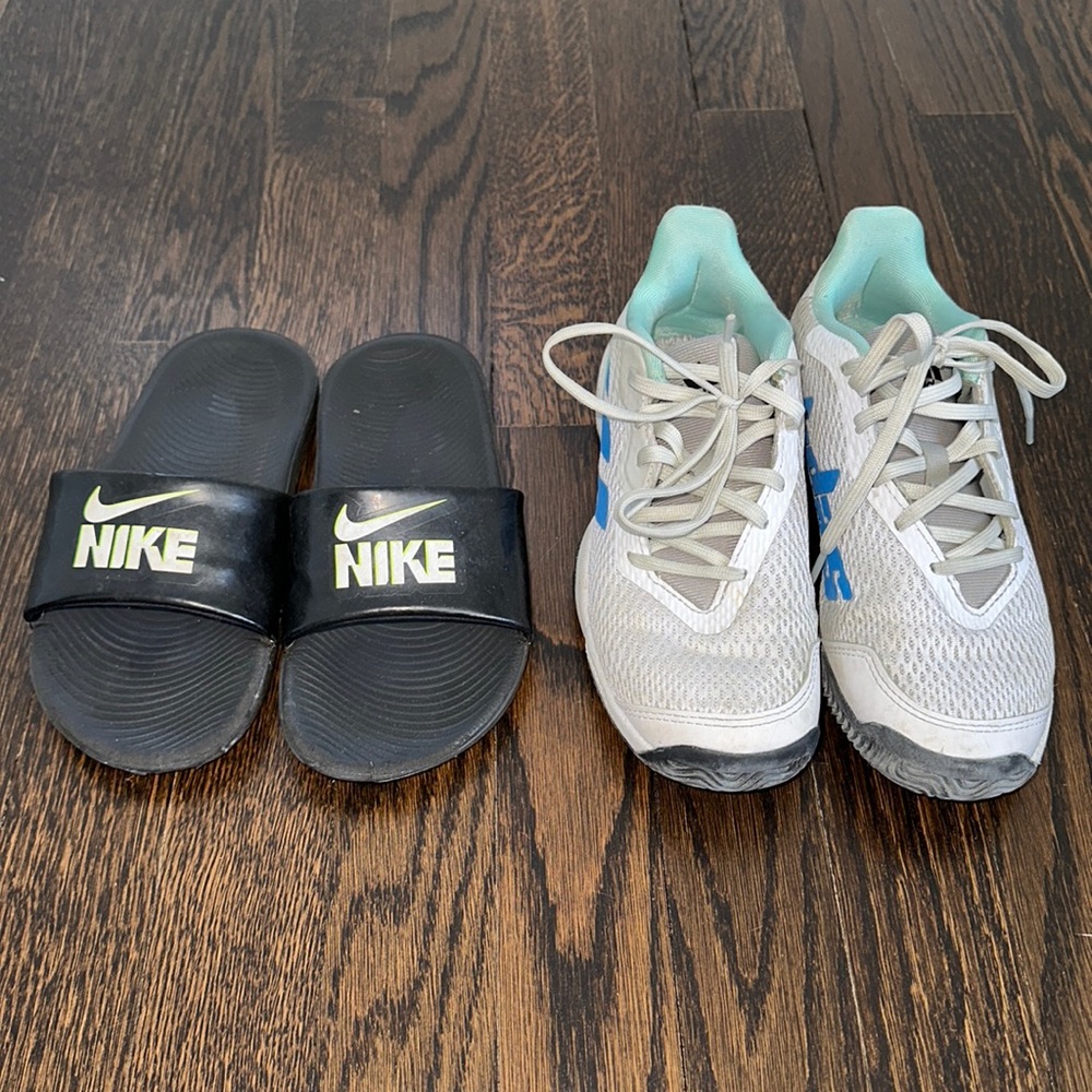 Adidas Boys Barricade Tennis Sneakers Blue sz 2 and Nike Black Slides sz 1Y